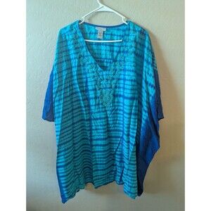 CATHERINES Womens Plus 2X/3X Blue Tunic Top Bat Sleeve Beaded Shirt Blouse